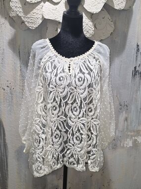 Style & Co. Romantic Cream Lace Overlay Peasant Blouse Size XL